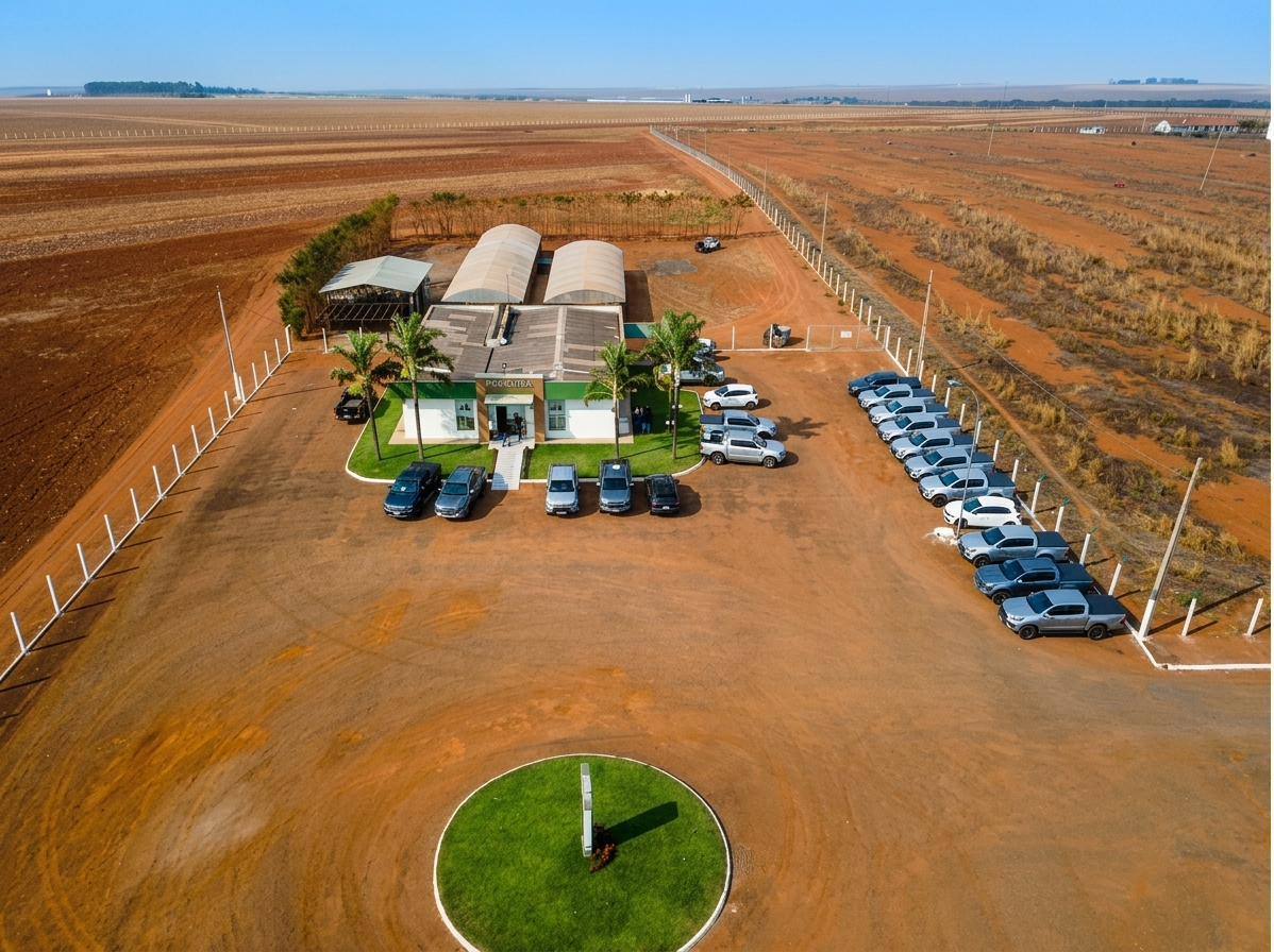 Vista aérea da sede da AGROMAX em Primavera do Leste, com laboratórios, casa de vegetação e campo ao redor