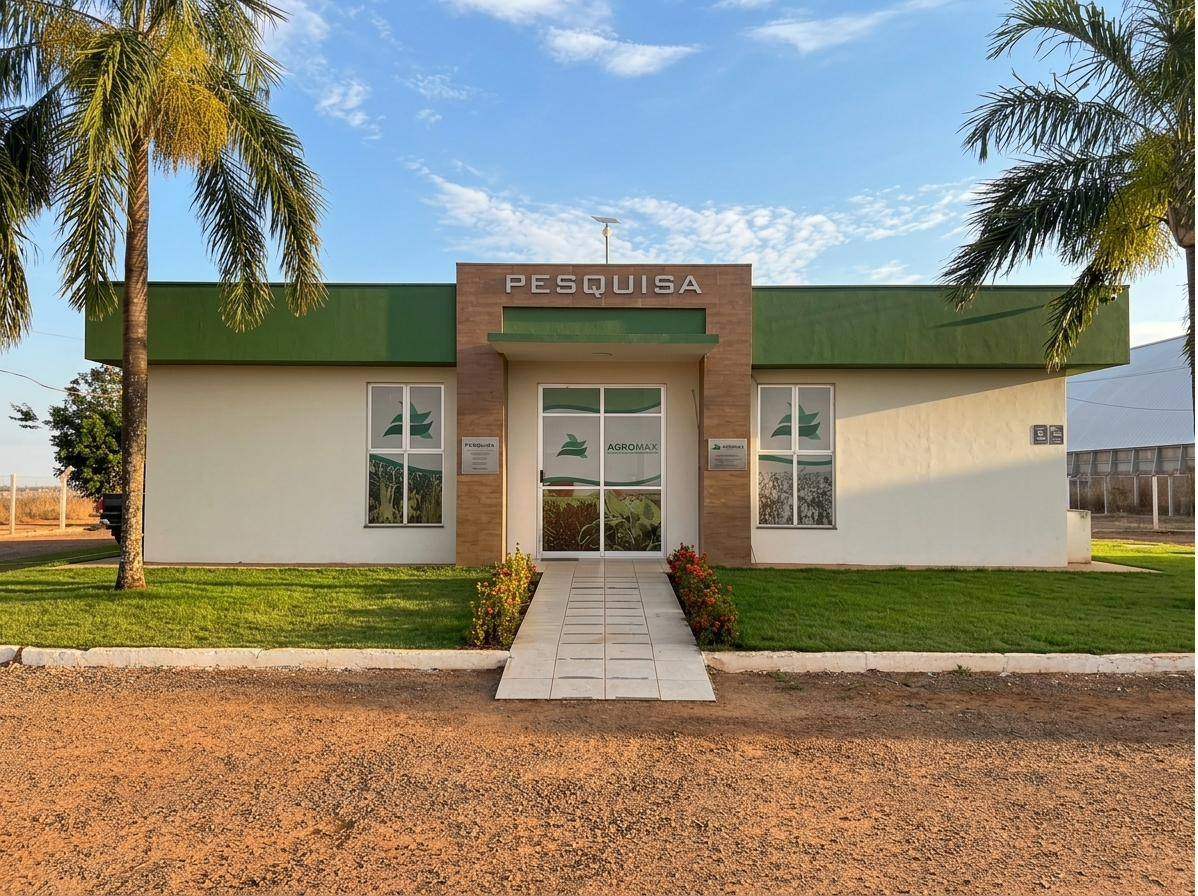 Fachada da sede da AGROMAX, com a palavra PESQUISA sobre a entrada